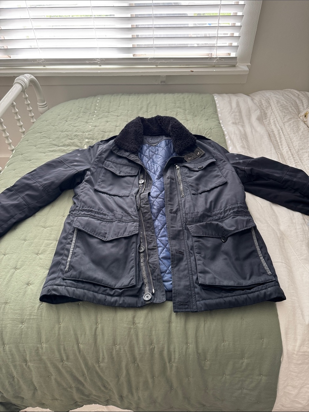 Zara Men's Navy Field Jacket with Quilted Blue Lining and Black Sherpa Collar